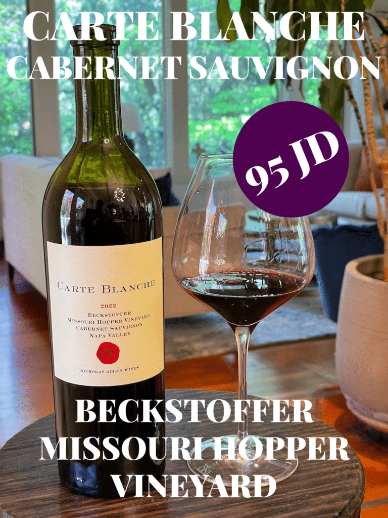 Carte Blanche Cabernet Sauvignon Beckstoffer Missouri Hopper Vineyard bottle and glass with text